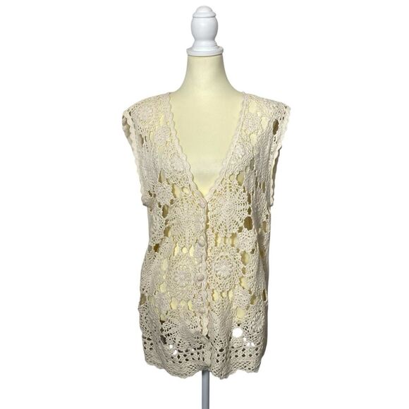 Vintage Sostanza Open Knit Crochet Doily Like Button Up Sweater Vest Women's Med - Picture 1 of 16